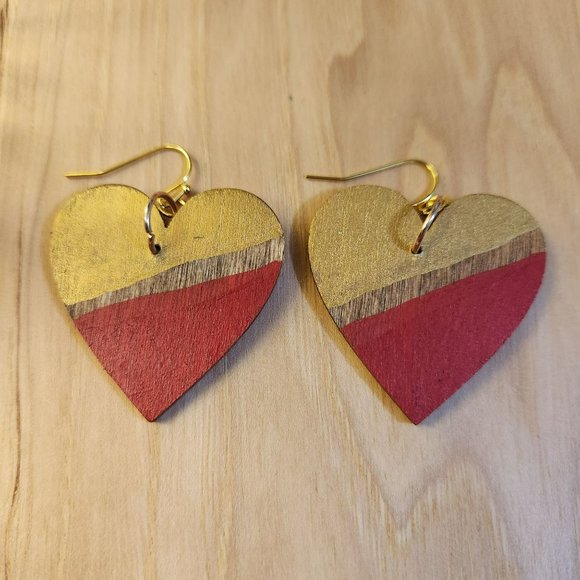 Earrings red gold heart wood - Picture 7 of 7